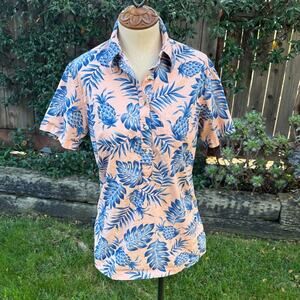 Go Barefoot 4-Button Pullover Peach Blue Pineapple Hawaiian Shirt Women's S